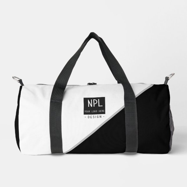 Minimal, Modern Black and White Company or Name Duffle Bag (Front)