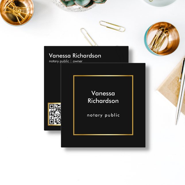 Minimal Modern Black & Gold QR Code Notary  Square Business Card (Creator Uploaded)
