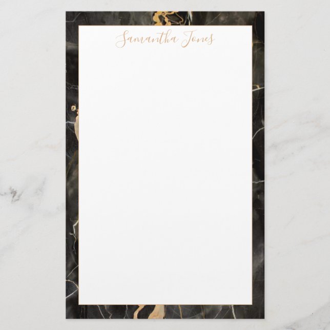 Minimal Modern Black Marble Custom Name Stationery (Front)