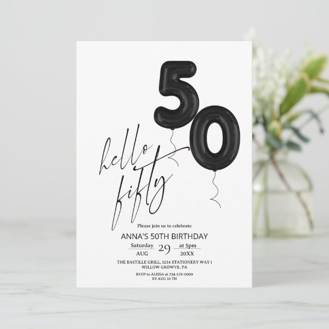 Minimal Modern Black White 50th Birthday Invitation (Standing Front)