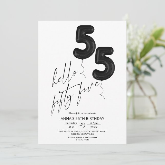 Minimal Modern Black White 55th Birthday Invitation (Standing Front)