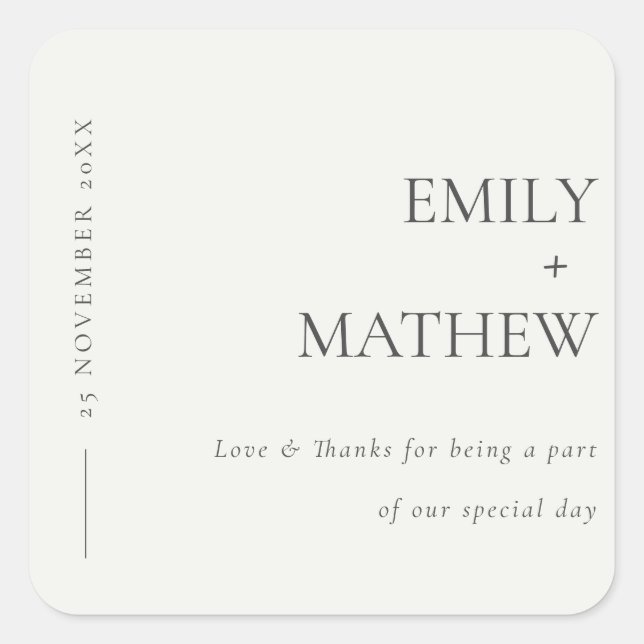 MINIMAL MODERN BLACK & WHITE TYPOGRAPHY WEDDING SQUARE STICKER (Front)