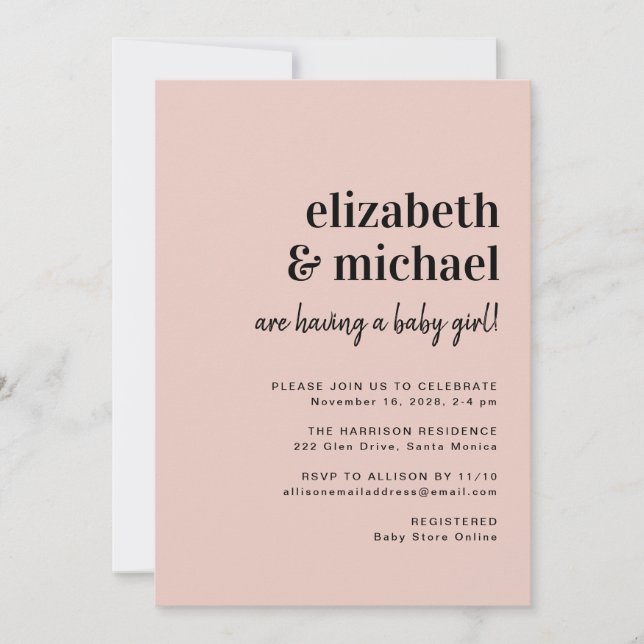 Minimal Modern Blush Couples Baby Girl Shower Invitation (Front)