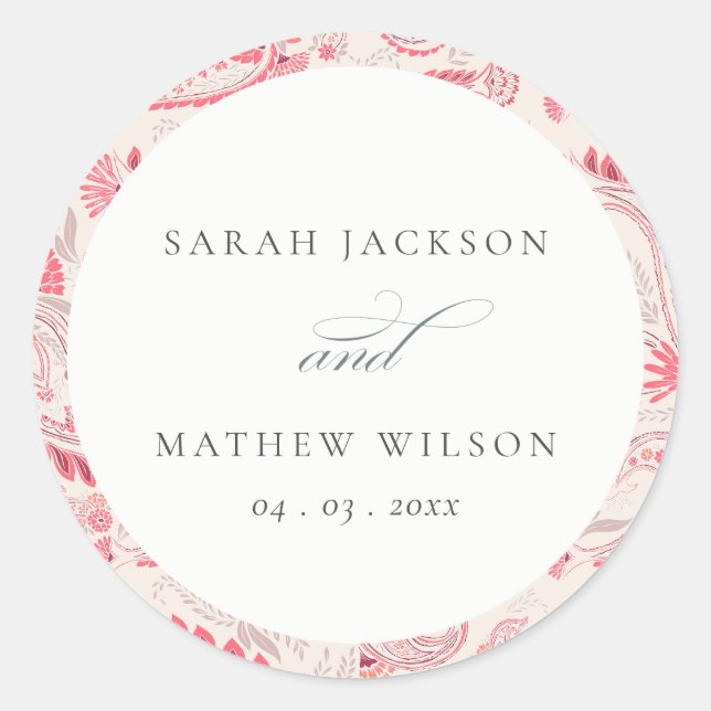 Minimal Modern Blush Paisley Typography Wedding Classic Round Sticker (Front)