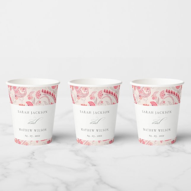 Minimal Modern Blush Paisley Typography Wedding Paper Cups (Multi)