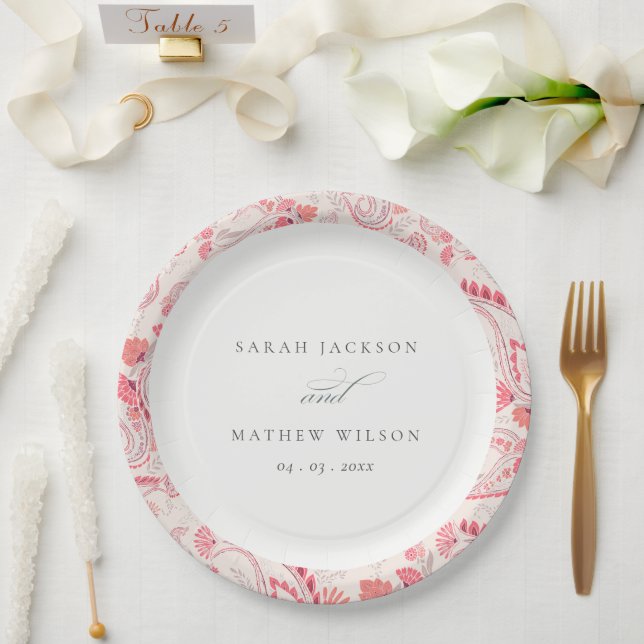 Minimal Modern Blush Paisley Typography Wedding Paper Plate (Wedding)