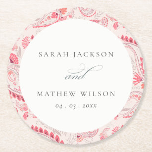 Minimal Modern Blush Paisley Typography Wedding Round Paper Coaster