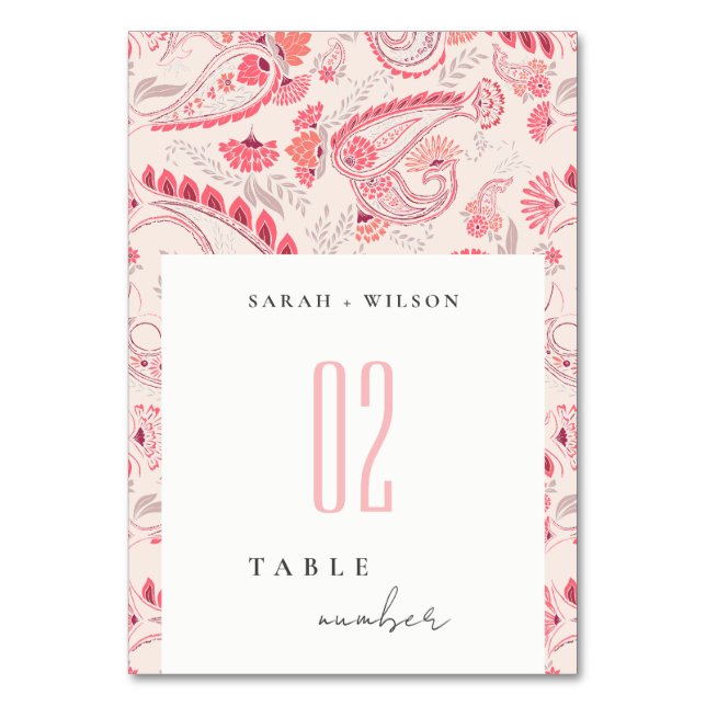Minimal Modern Blush Paisley Typography Wedding Table Number (Front)