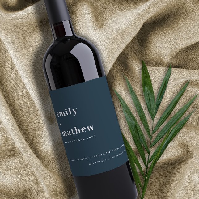 Minimal Modern Bold Navy Blue Typography Wedding Wine Label (Creator Uploaded)