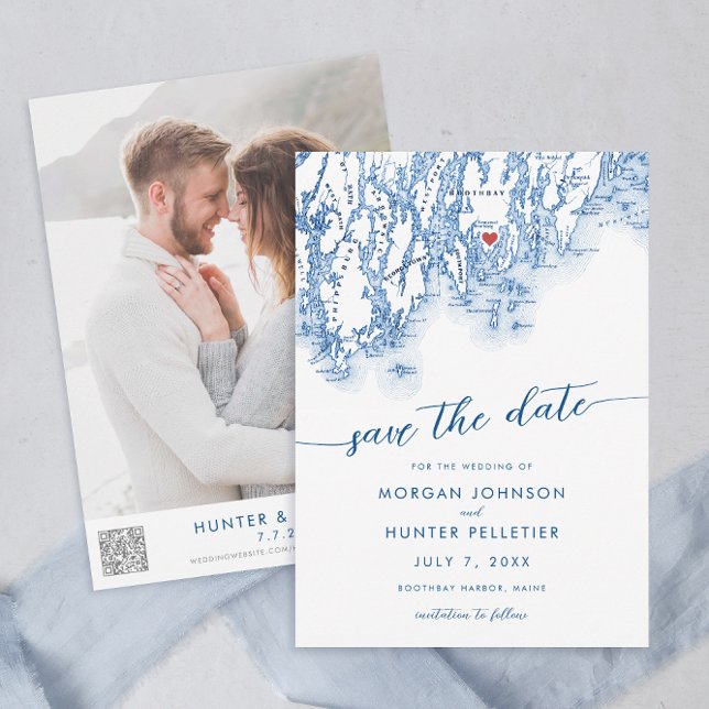 Minimal Modern Boothbay Harbour Maine Map Save The Date (Boothbay Harbor Maine Map Wedding Save the Date in Minimal Modern Navy Blue from Coastal Map Designs)