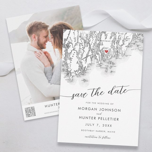 Minimal Modern Boothbay Harbour Maine Map Save The Date (Boothbay Harbor Maine wedding save the date minimal modern black and white by Coastal Map Designs)
