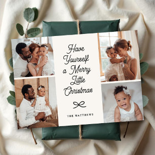 Minimal Modern Bow 4 Photo Merry Little Christmas Holiday Card