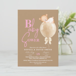 Minimal Modern Brown Pink Bear Balloon Baby Shower Invitation