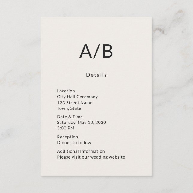 Minimal Modern City Hall Wedding Details Card (Front)