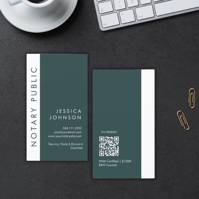 Minimal Modern Dark Green Mobile Notary Public QR  Business Card (Creator Uploaded)