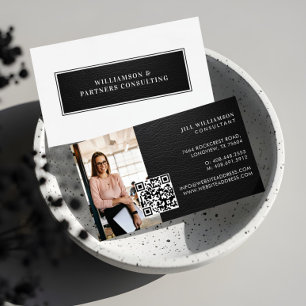 Minimal Modern Elegant Black Leather Photo QR Code Business Card
