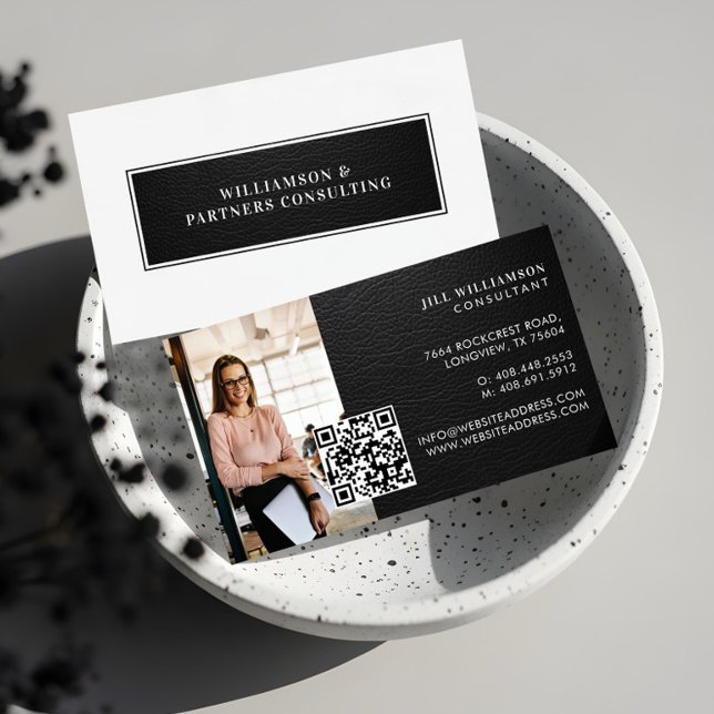 Minimal Modern Elegant Black Leather Photo QR Code Business Card (Minimal Modern Elegant Black Leather Photo QR Code Business Card)