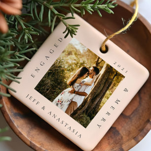 Minimal Modern Engaged & Merry 2 Photo Engagement Ceramic Ornament