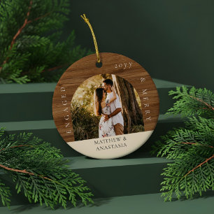 Minimal Modern Engaged & Merry 2 Photo Engagement Ceramic Ornament