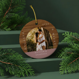 Minimal Modern Engaged & Merry 2 Photo Engagement Ceramic Ornament