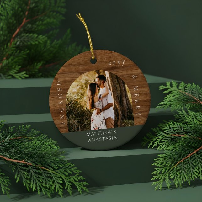 Minimal Modern Engaged & Merry 2 Photo Engagement Ceramic Ornament (Minimal Modern Engaged & Merry 2 Photo Engagement Ceramic Ornament)
