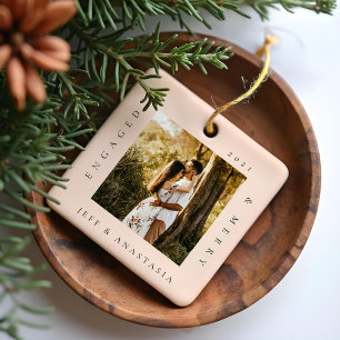 Minimal Modern Engaged & Merry 2 Photo Engagement Ceramic Ornament
