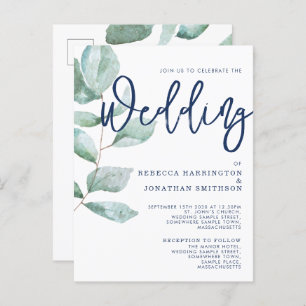 Minimal Modern Eucalyptus Green Navy Blue Wedding Postcard