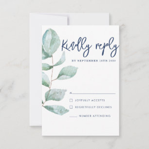 Minimal Modern Eucalyptus Navy Blue Wedding RSVP Card