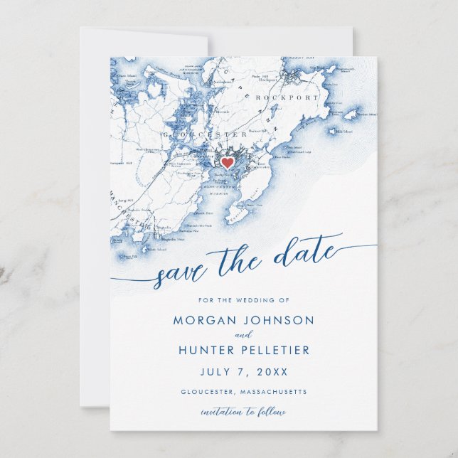 Minimal Modern Gloucester Massachusetts Map Save The Date (Front)