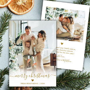 Minimal Modern Gold Script 2 Photo Merry Christmas Holiday Card