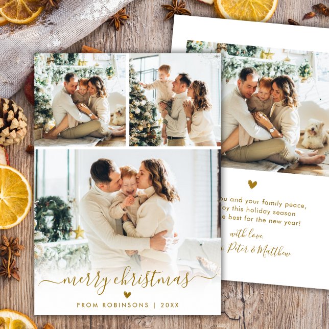 Minimal Modern Gold Script 4 Photo Merry Christmas Holiday Card (Creator Uploaded)