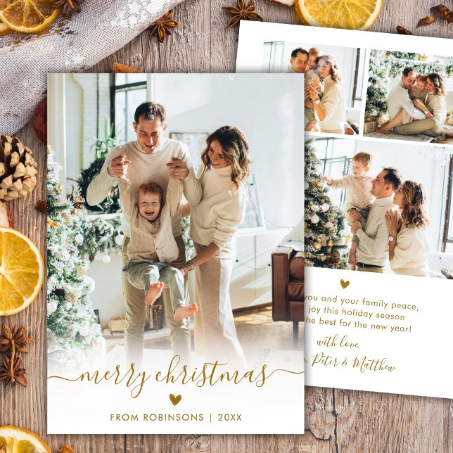 Minimal Modern Gold Script 4 Photo Merry Christmas Holiday Card (Creator Uploaded)