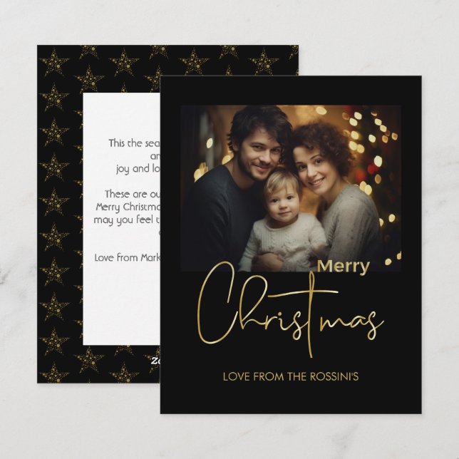 Minimal Modern Gold Script Photo Flat Holiday Card (Front/Back)