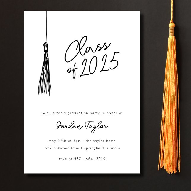 Minimal Modern Graduation Party Tassel Black White Invitation (Creator Uploaded)