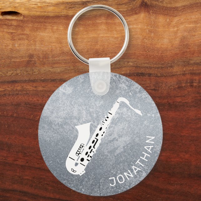 Minimal Modern Grey Saxophone Saxo Personalised Key Ring (Front)
