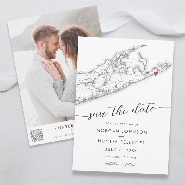 Minimal Modern Gurney's Montauk Resort Wedding Save The Date (Gurneys Montauk Wedding Save the Date in minimal modern black and white  by Coastal Map designs)