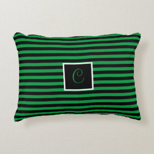 Minimal Modern Initial Letter Green Black Striped Decorative Cushion