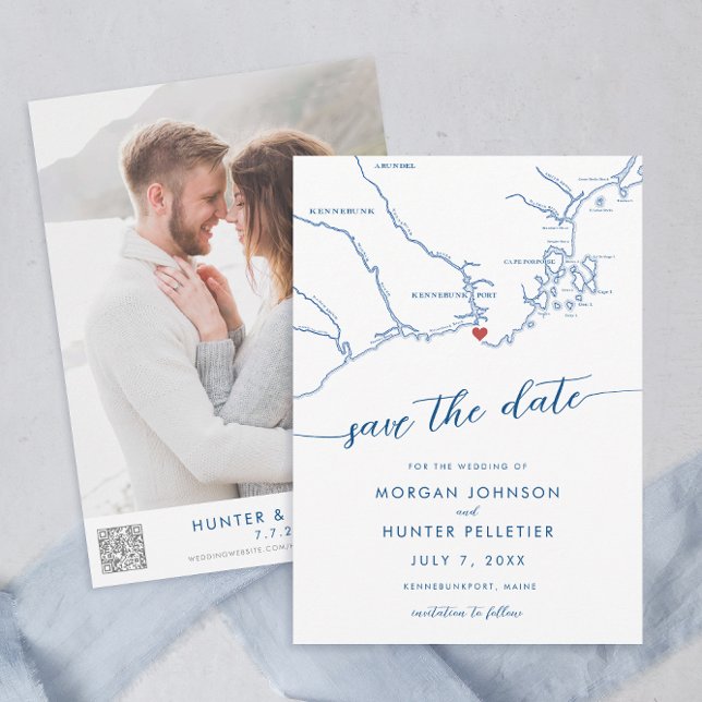 Minimal Modern Kennebunkport Maine Map Save The Date (Kennebunkport Map Wedding Save the Date in Modern Navy Blue with QR Code from Coastal Map Designs)
