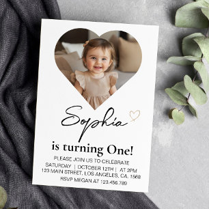 Minimal Modern Kids Birthday Heart Photo Invitation