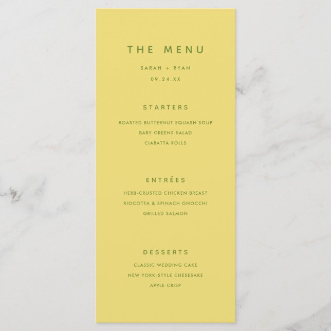 Minimal Modern Lemon Yellow Personalised Wedding Menu (Front)