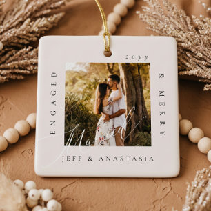Minimal Modern Married & Merry 2 Photo Engagement Ceramic Ornament