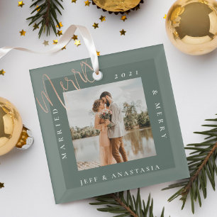 Minimal Modern Married & Merry Gold Script Photo Glass Tree Decoration