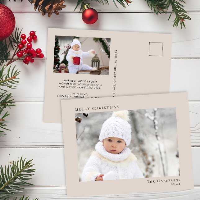 Minimal Modern Merry Christmas Taupe Photo Holiday Postcard (Creator Uploaded)