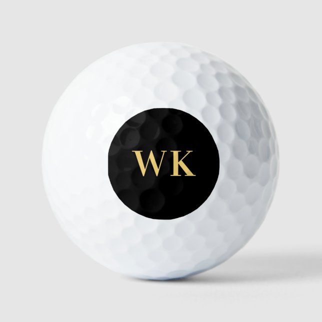 Minimal Modern Monogram Black Gold Golf Balls (Front)