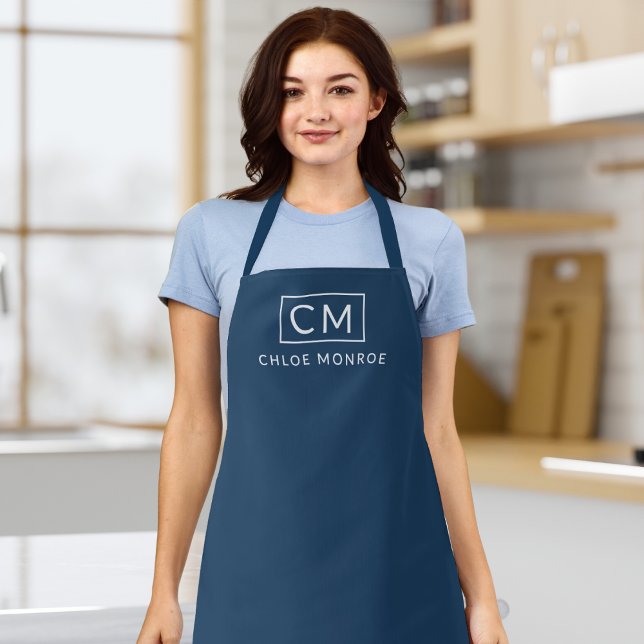 Minimal Modern Monogram Name Classic Blue Apron (Creator Uploaded)