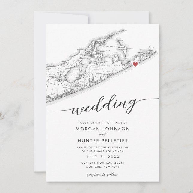 Minimal Modern Montauk Long Island Map Wedding Invitation (Front)