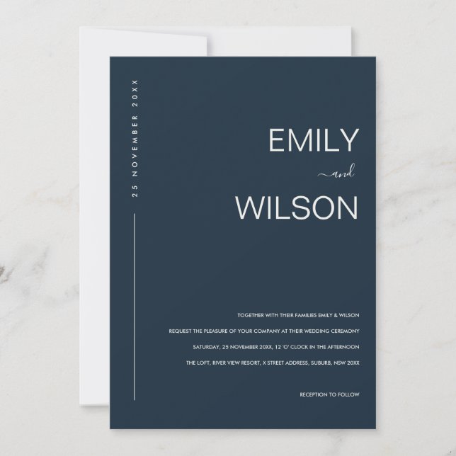 MINIMAL MODERN NAVY BLUE GREY TYPOGRAPHY WEDDING INVITATION (Front)