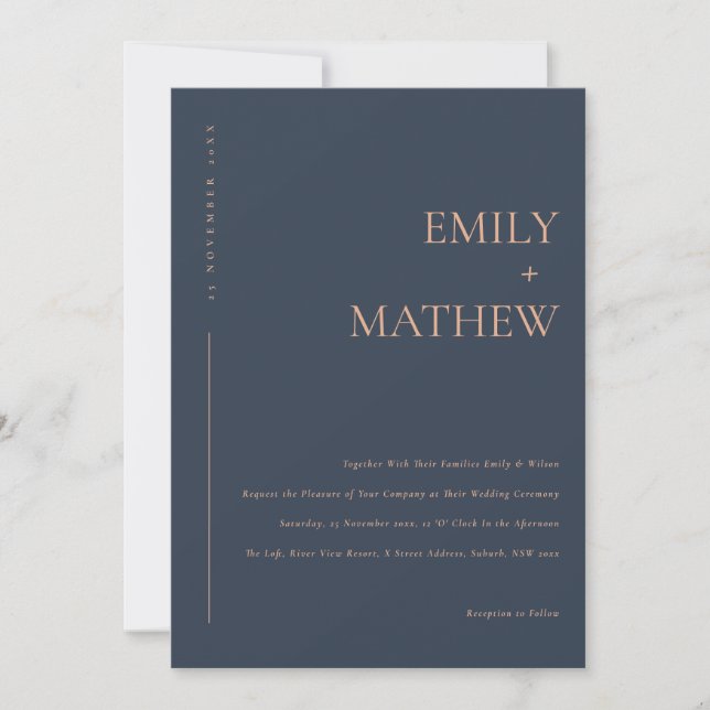 MINIMAL MODERN NAVY BLUE RUST TYPOGRAPHY WEDDING INVITATION (Front)