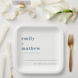 Minimal Modern Navy Grey Blue Typography Wedding Paper Plate