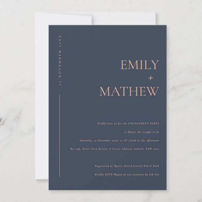 MINIMAL MODERN NAVY RUST TYPOGRAPHY ENGAGEMENT INVITATION (Front)